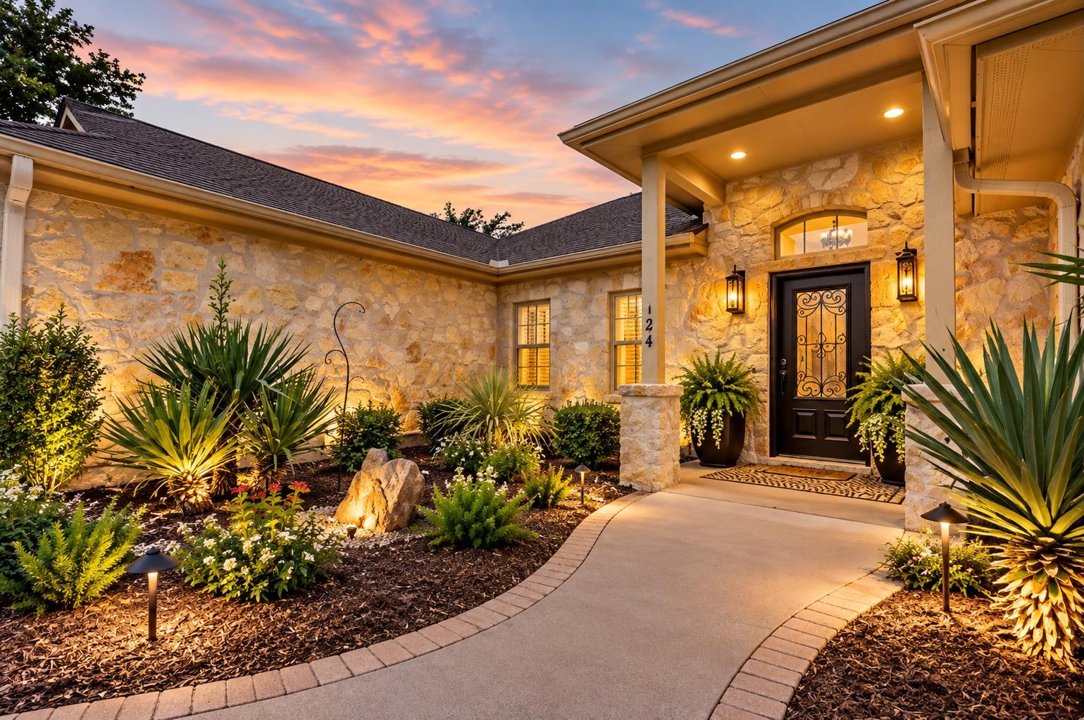 Stone-front home with a covered entry and landscaped walkway glowing at dusk.