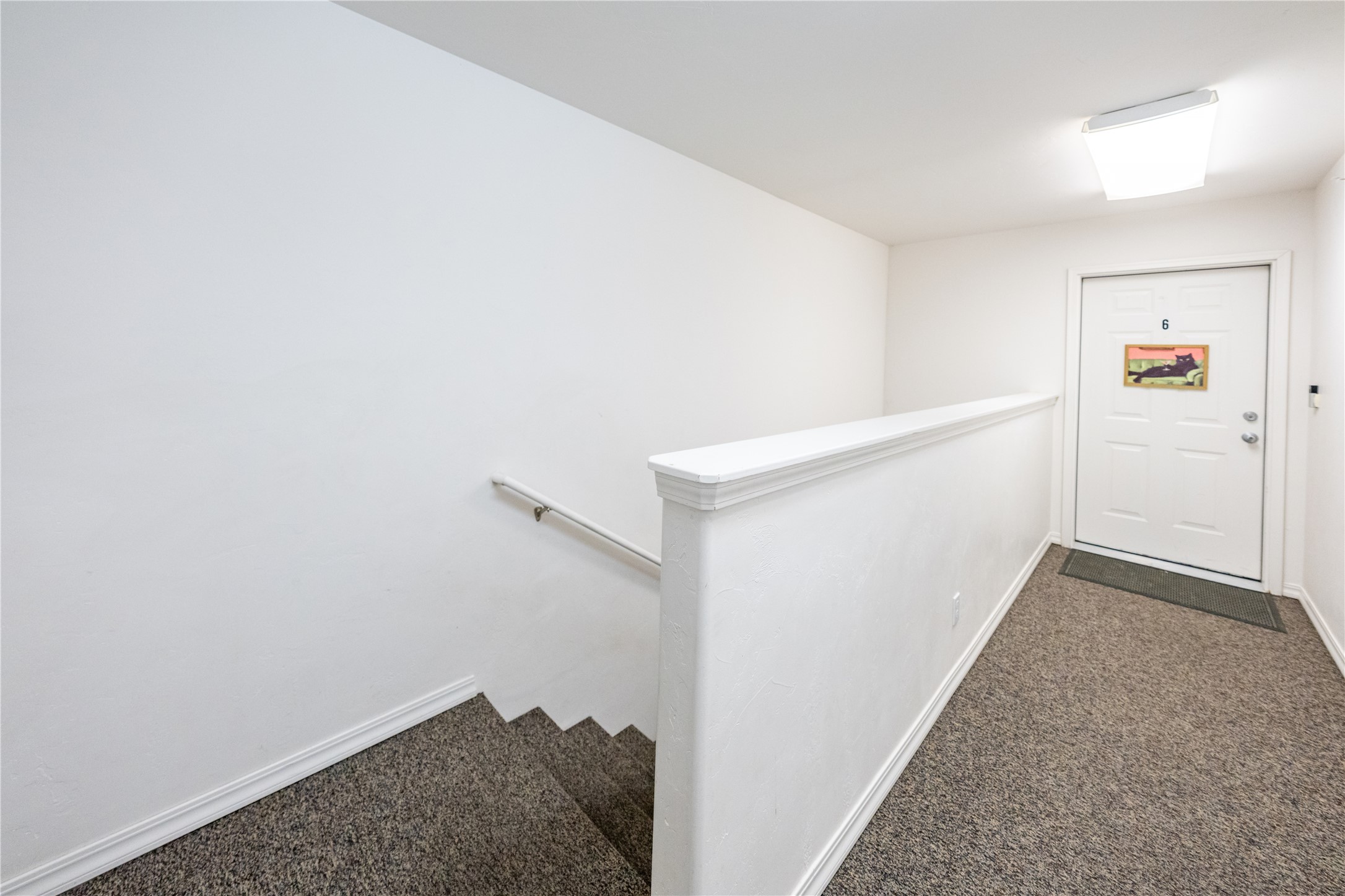 Carpeted stairwell landing with white railing and a paneled door marked 6.
