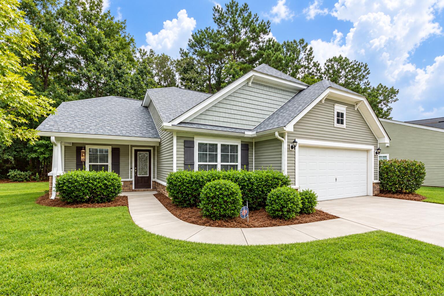 Gray-green home with a two-car garage, curved walkway, and landscaped front yard.