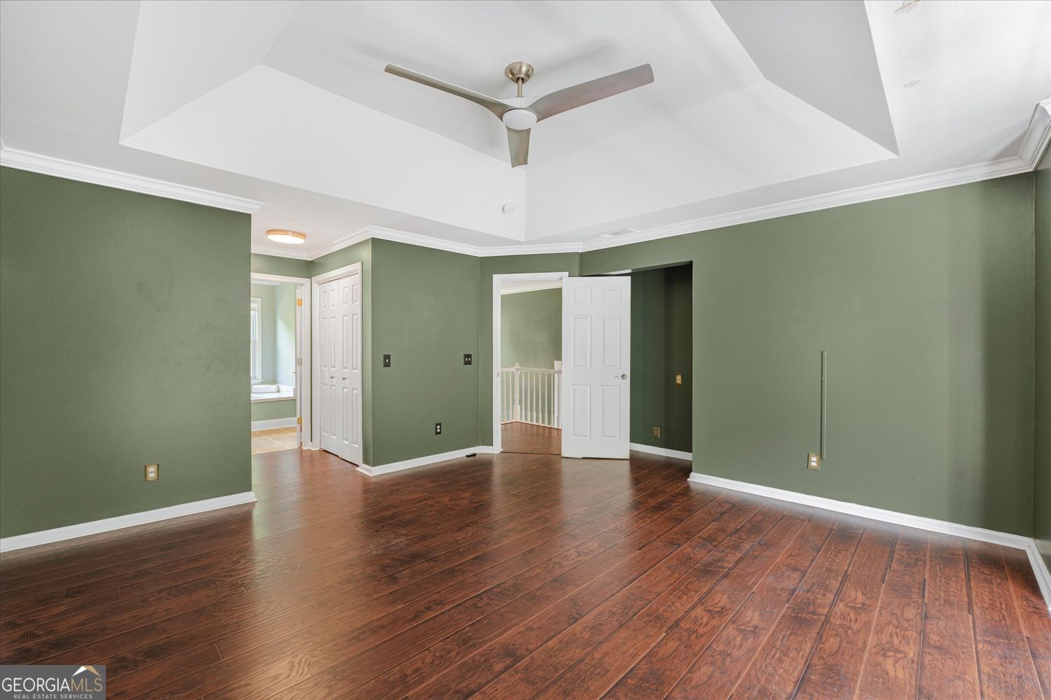 Empty bedroom with sage green walls, hardwood floors, a tray ceiling and ceiling fan.
