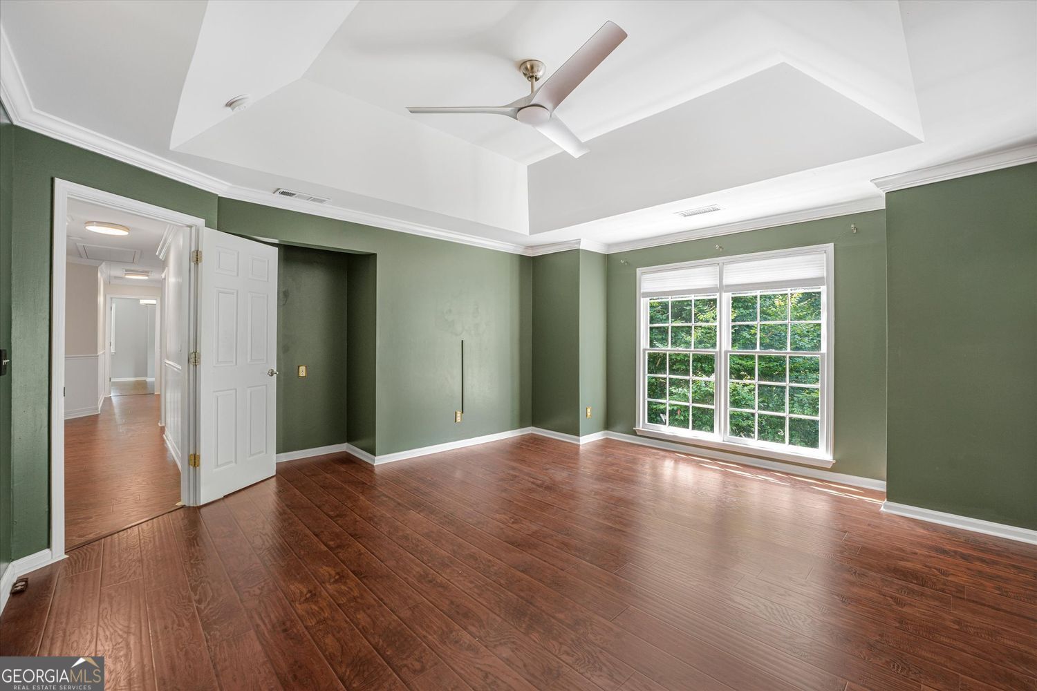 Vacant room with sage-green walls, wood floors, a tray ceiling, ceiling fan, and large double window.