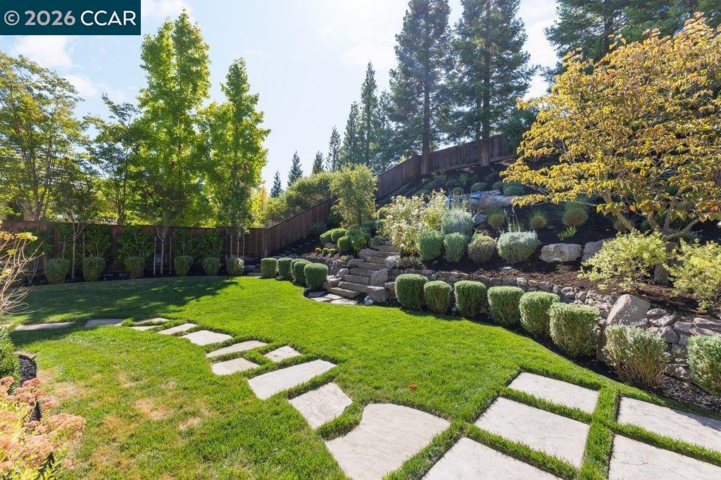 Landscaped backyard with a green lawn, stepping stones, stone terrace, and mature trees.