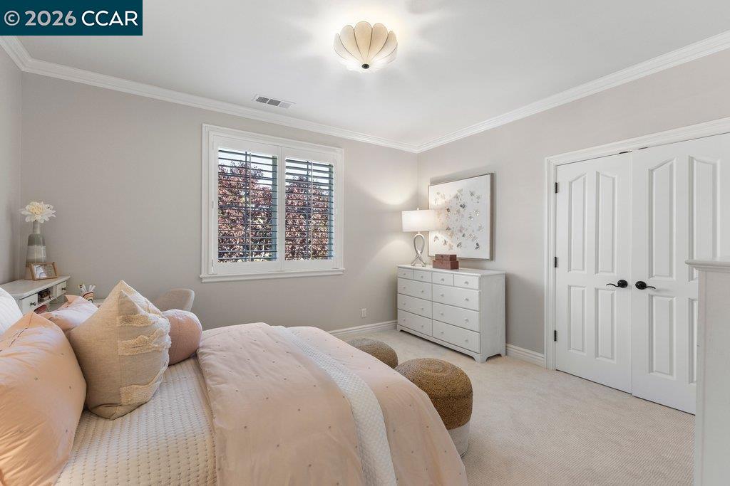 Bedroom with a blush-pink bed, shuttered window, and white dresser.
