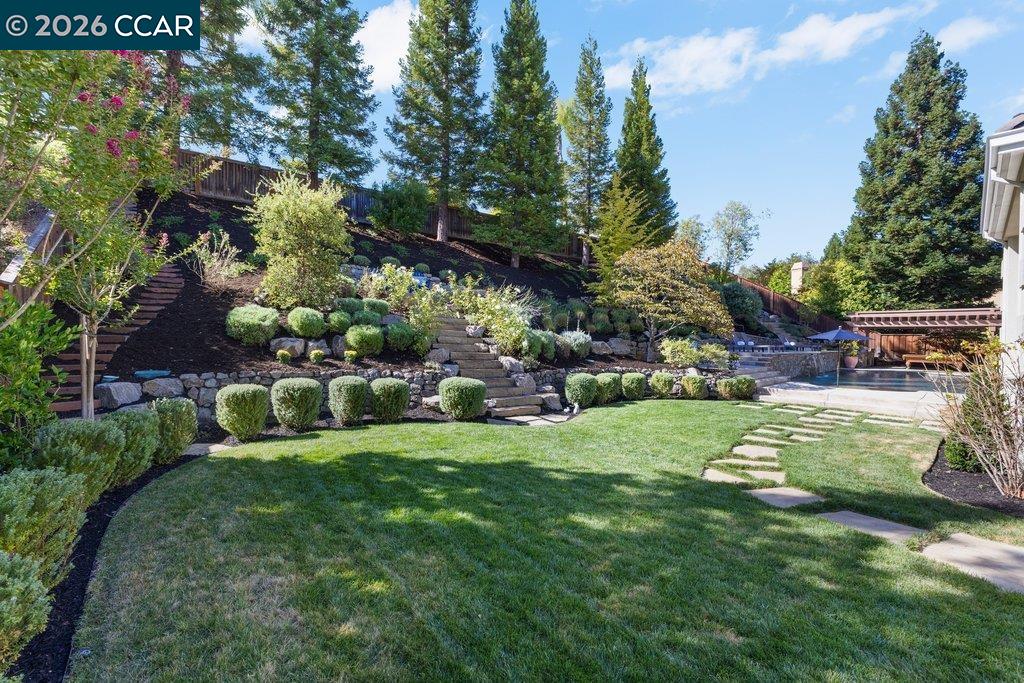 Landscaped backyard with a broad lawn, stone garden steps, mature trees, and a swimming pool.