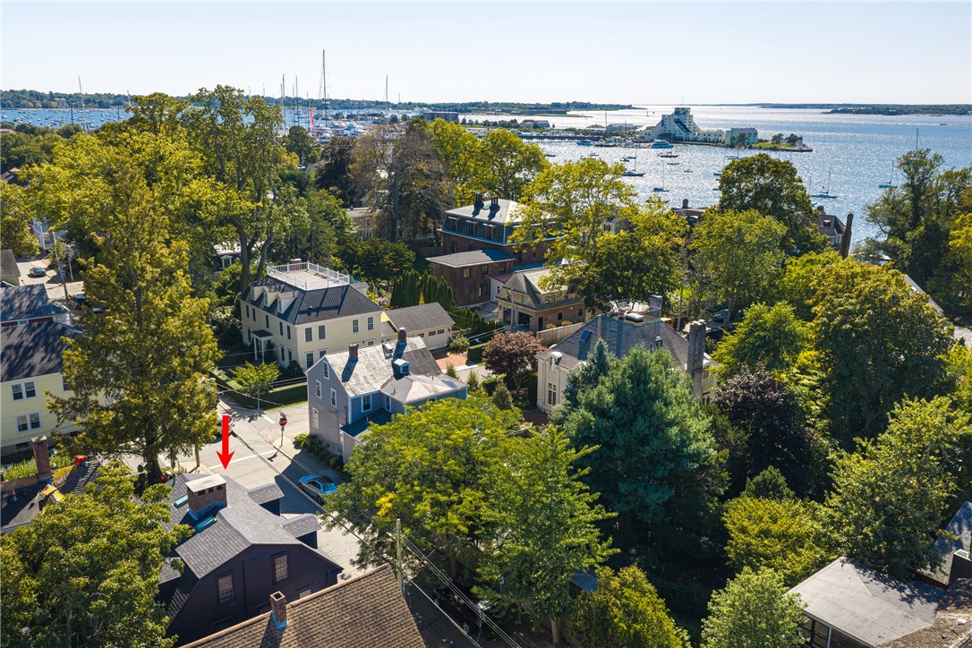 Aerial view of 81 2nd Street, marked by a red arrow, near Newport Harbor.