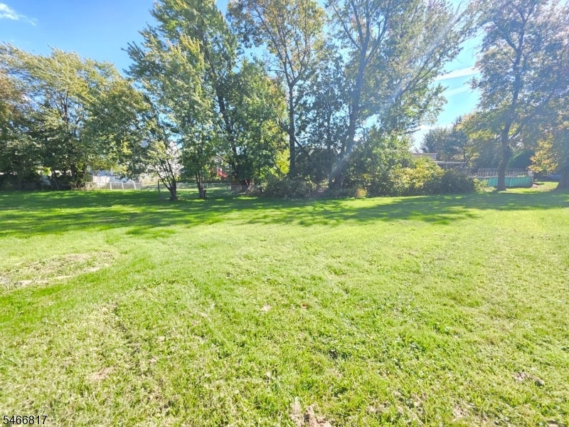 Spacious grassy backyard with mature trees and a fenced pool area.