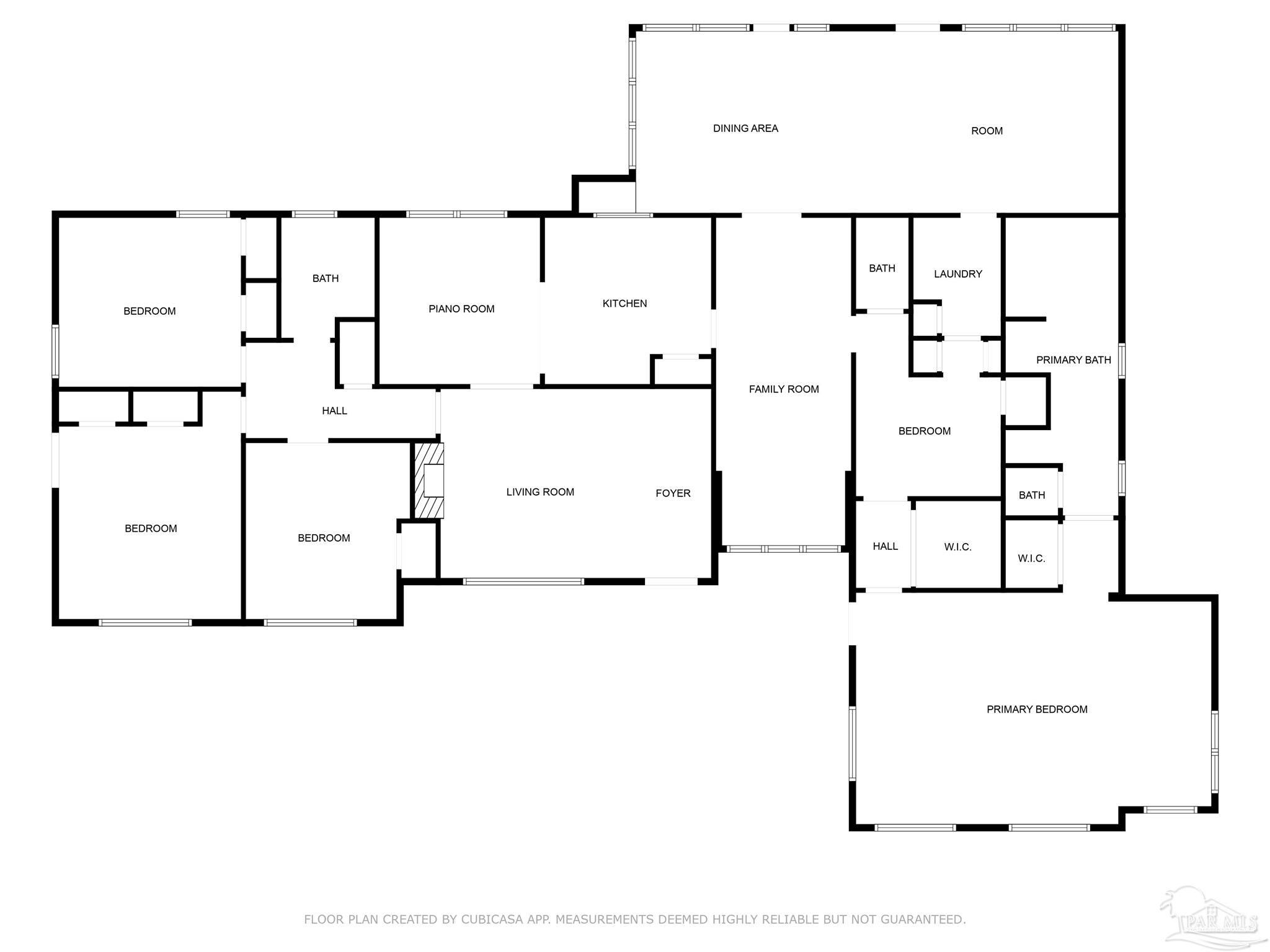 Floor plan showing four bedrooms, multiple bathrooms, and the home’s living, dining, and family rooms.