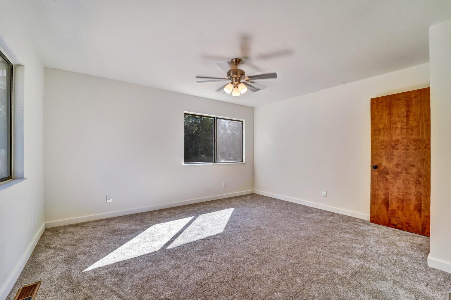 Empty carpeted room with a ceiling fan, two windows, and a warm-toned wood door.