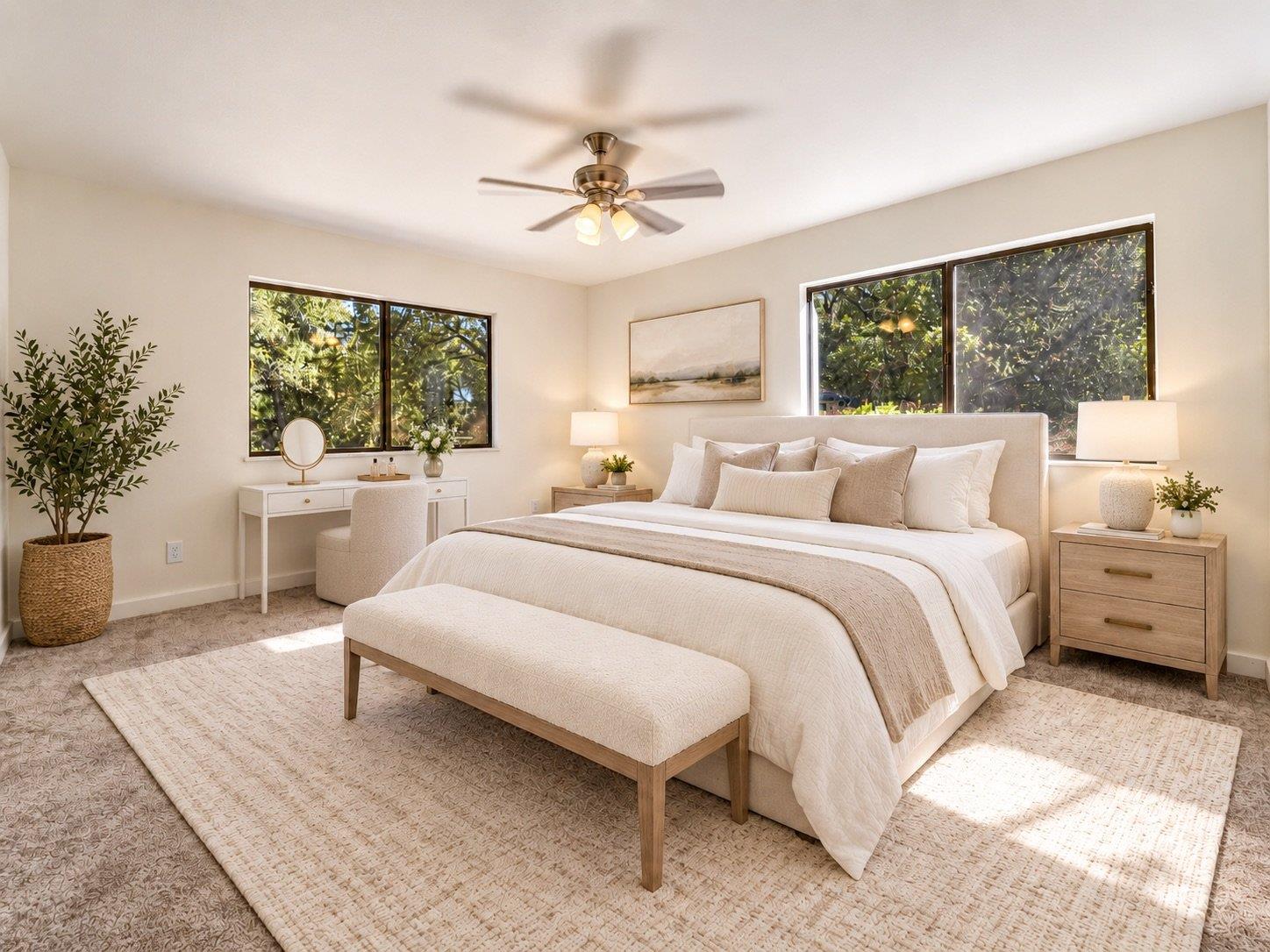 Staged bedroom with a cream upholstered bed and wide windows overlooking leafy greenery.