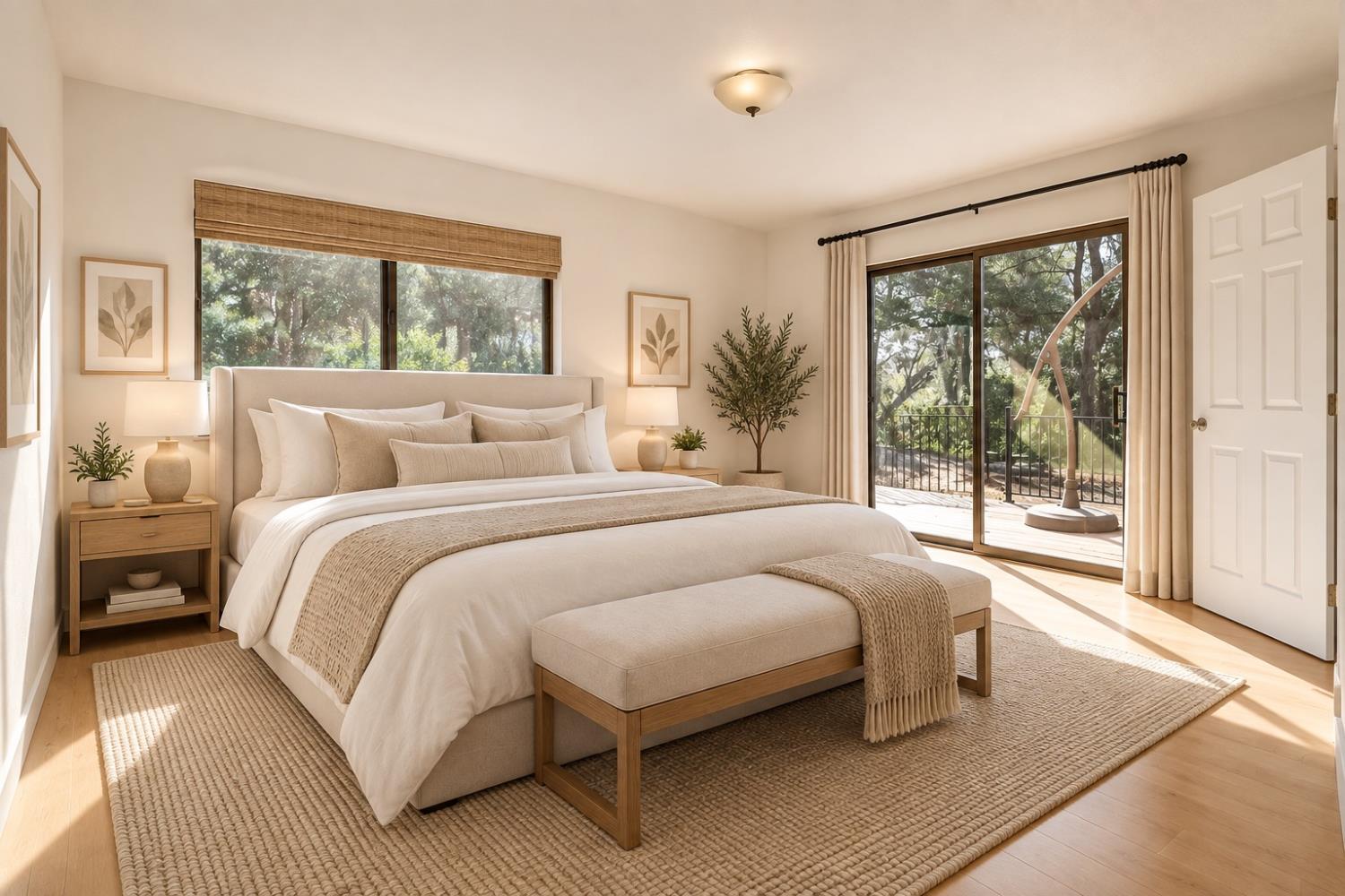 Staged bedroom with a king-size bed and sliding glass doors opening onto a tree-lined deck.