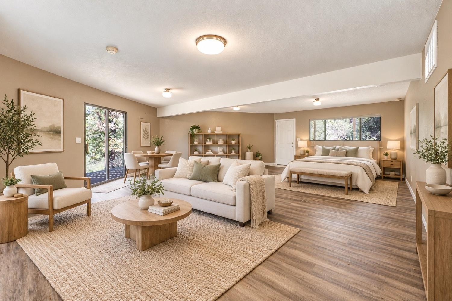 Open-plan living area and bedroom with cream seating, a wood coffee table, and a bed by wide windows.