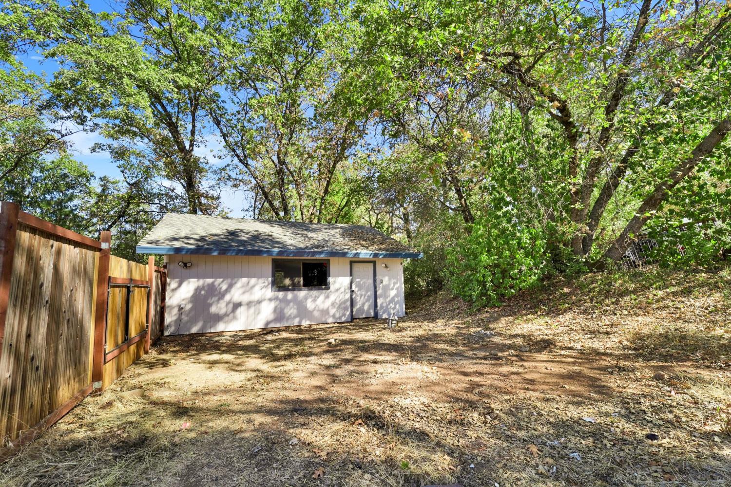 Detached outbuilding beside a wooden fence in a wooded, leaf-strewn yard.