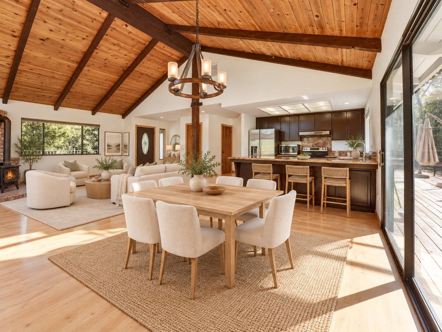 Open-plan living and dining area with a vaulted wood ceiling, exposed beams, and adjoining kitchen.