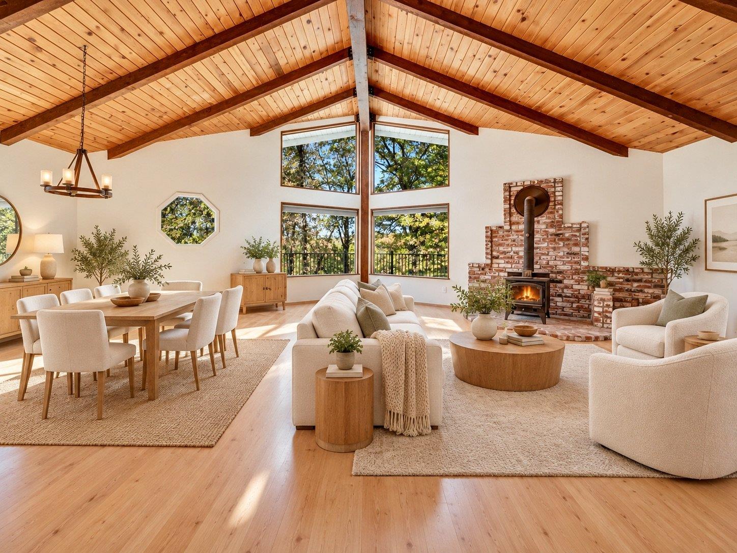 Open living and dining room with a vaulted wood ceiling, large windows, and brick fireplace.
