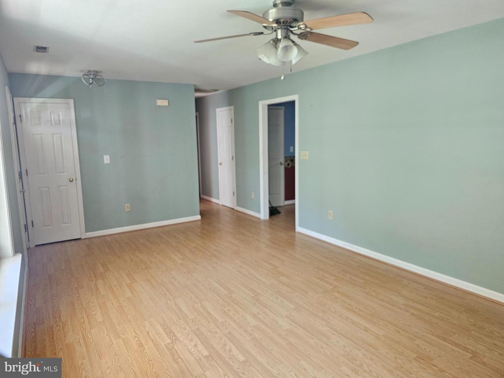 Empty room with pale blue-green walls, light wood flooring, and a ceiling fan.