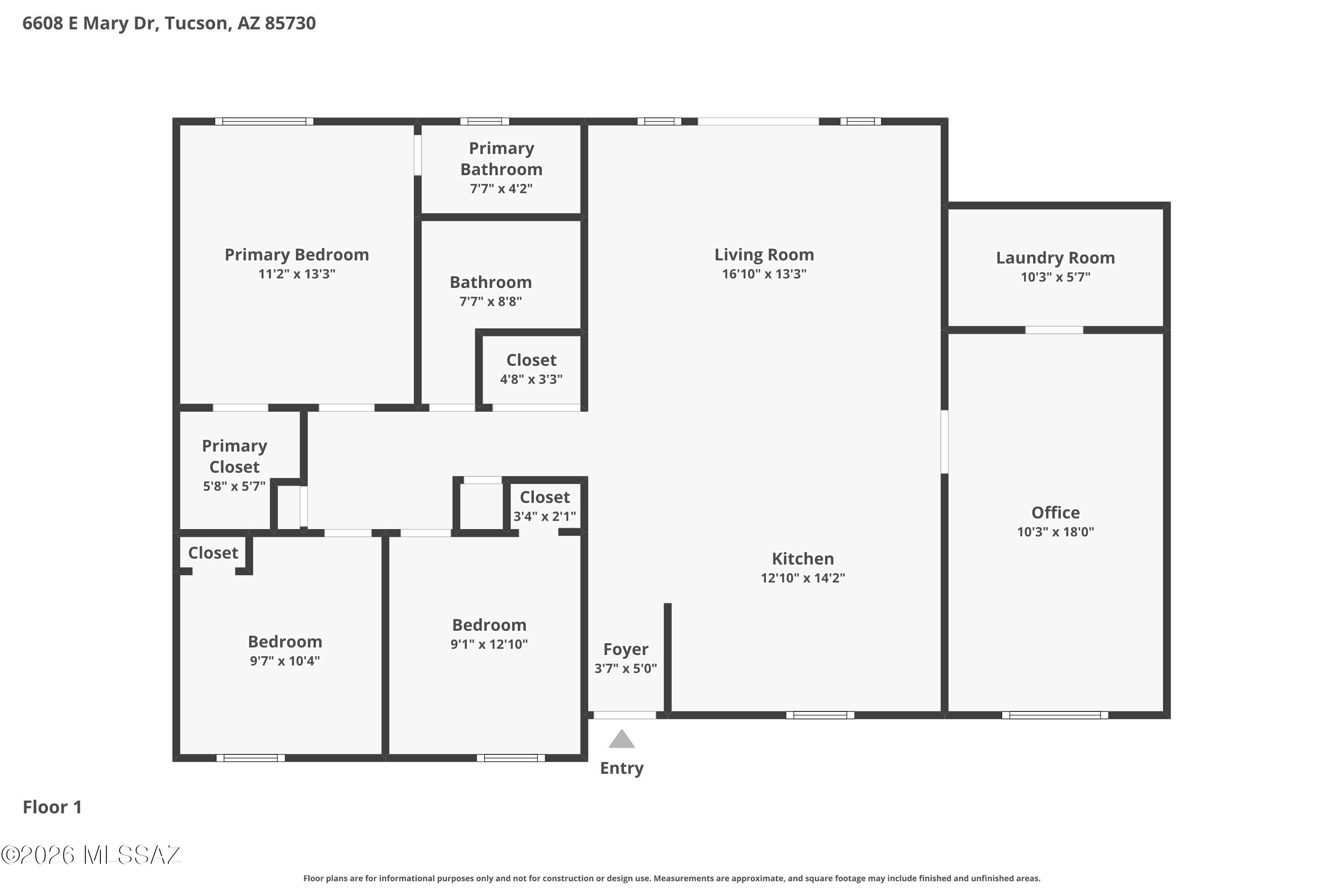 Floor plan of 6608 E Mary Drive, with three bedrooms, two bathrooms, an office, and room dimensions.