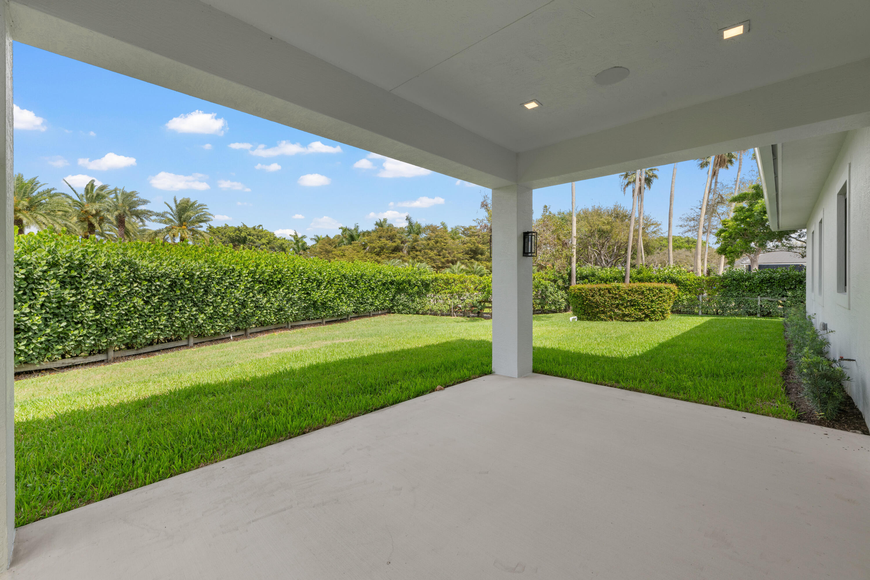 Covered patio overlooking a hedge-lined lawn with palm trees.