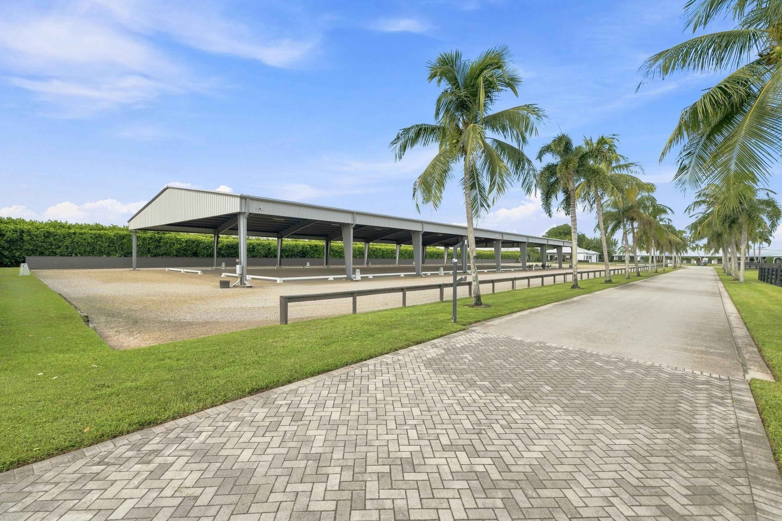 Covered equestrian arena beside a palm-lined paved driveway.