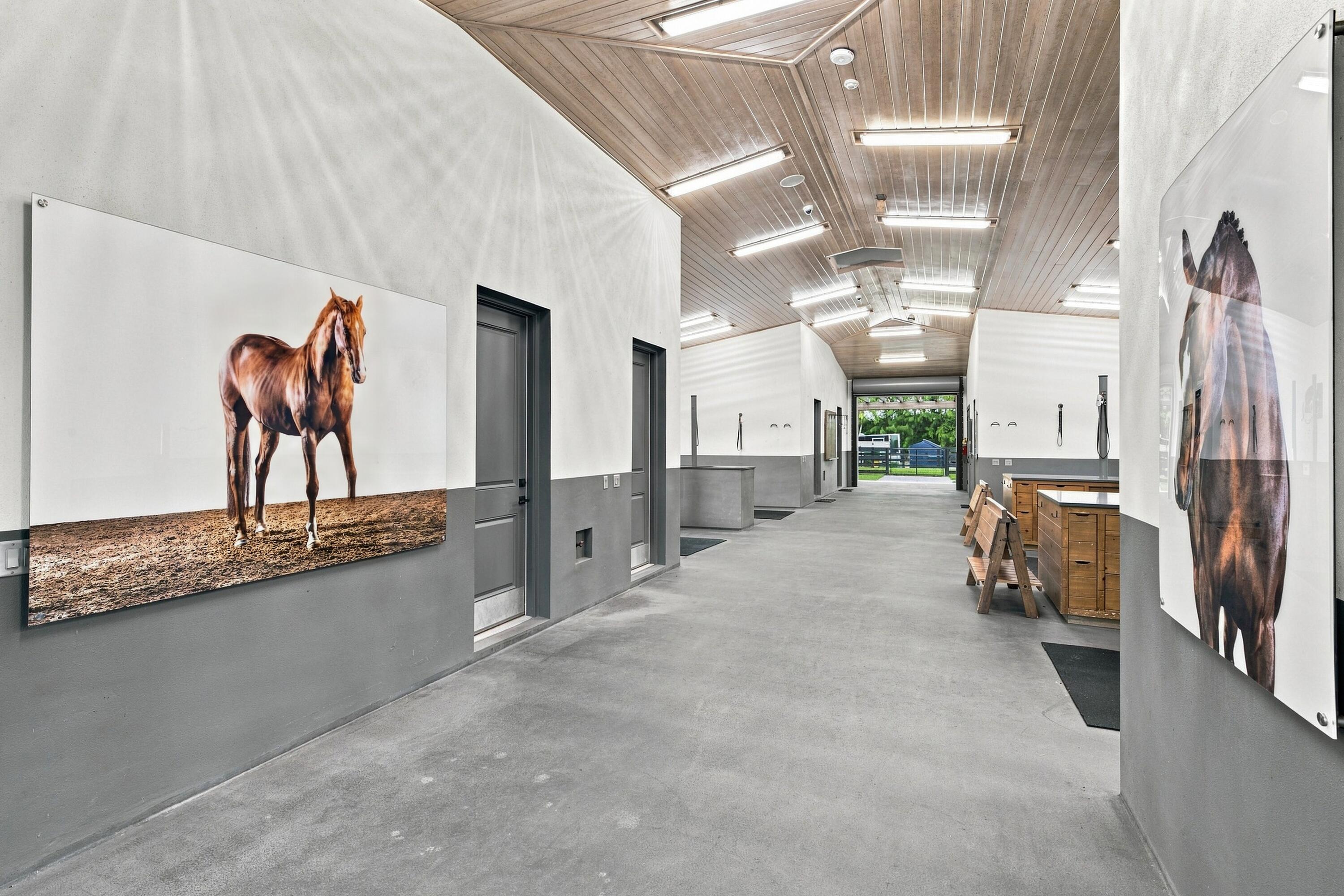 Modern stable aisle with grooming stations, wooden cabinets, and large horse photographs on the walls.