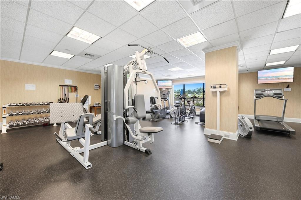 Fitness center with weight machines, dumbbells, treadmills, and windows overlooking palm trees.