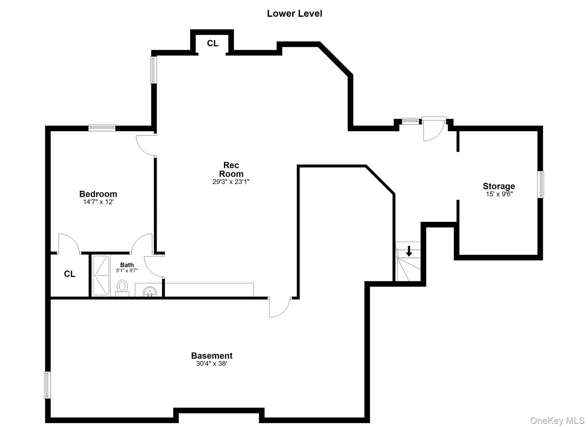 Lower-level floor plan with a bedroom, recreation room, bathroom, storage, and large basement area.