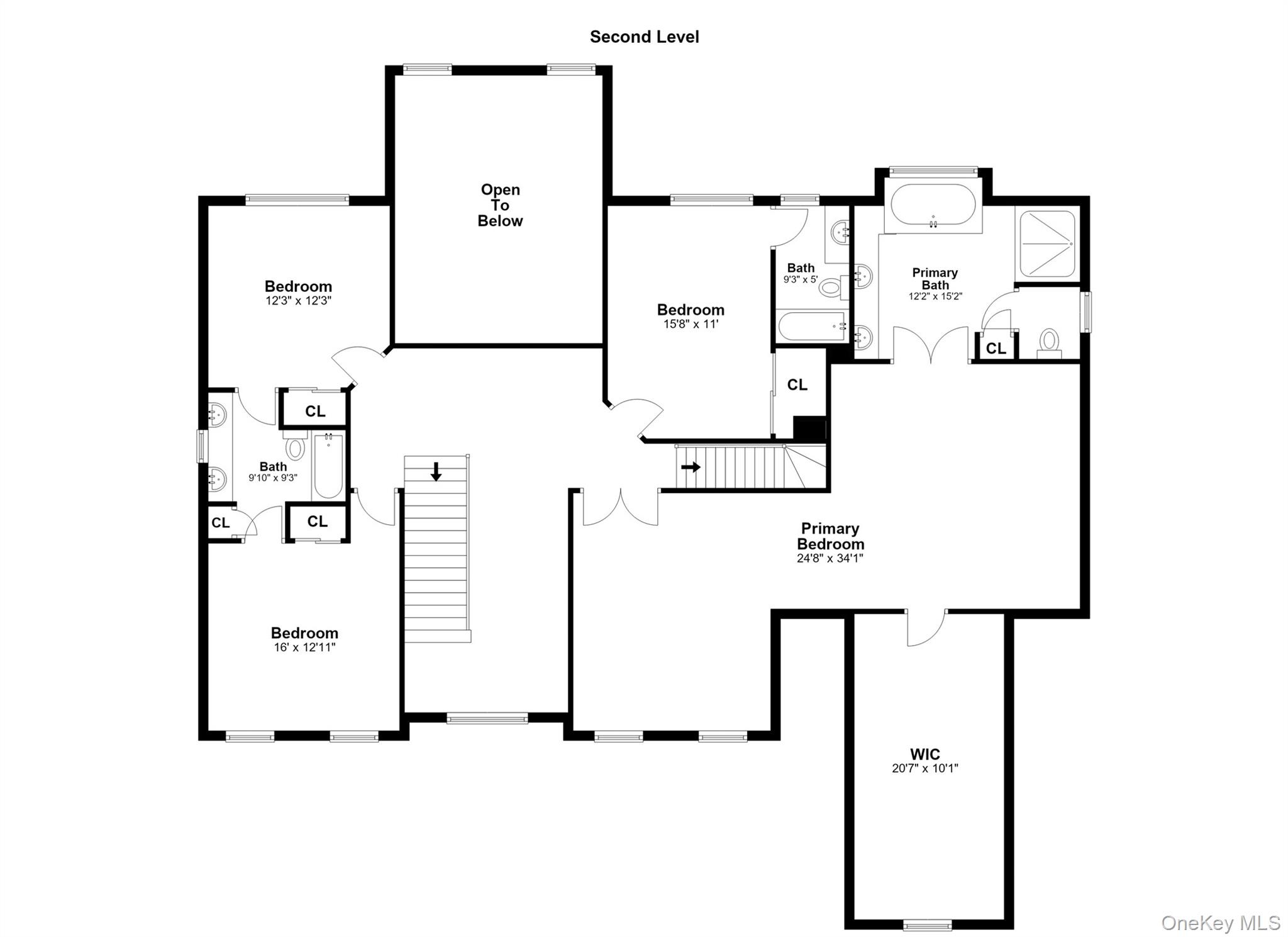 Second-level floor plan showing three bedrooms, primary suite, two baths, walk-in closet, stairs, and open-to-below area.