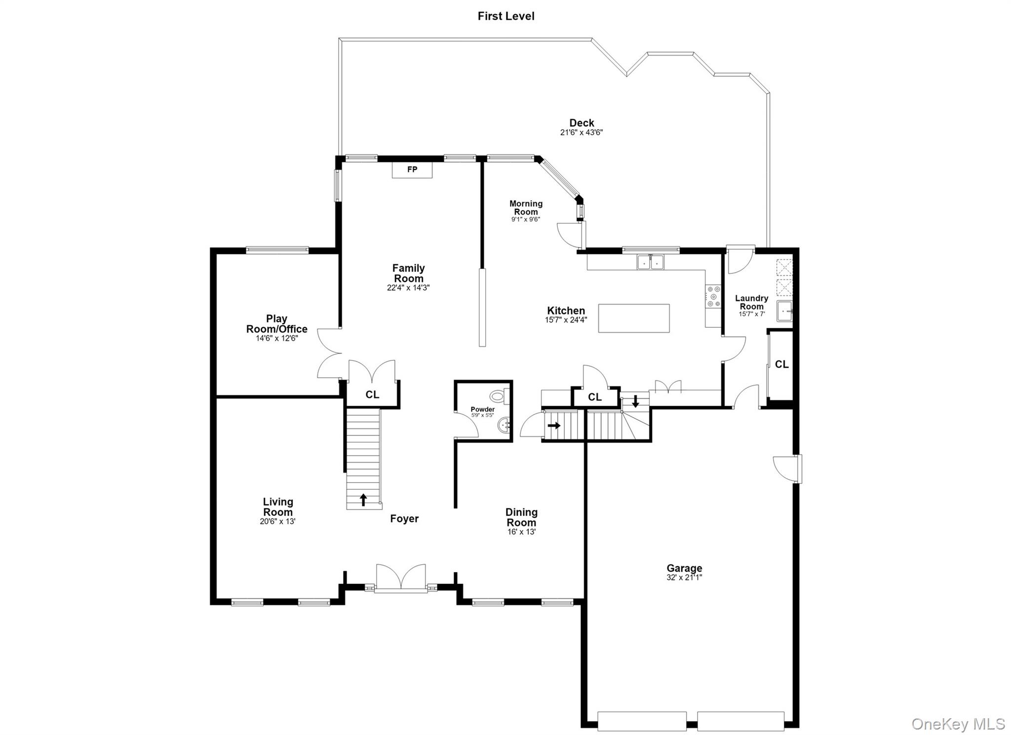 First-level floor plan with living areas, kitchen, garage, laundry room, and a large deck.