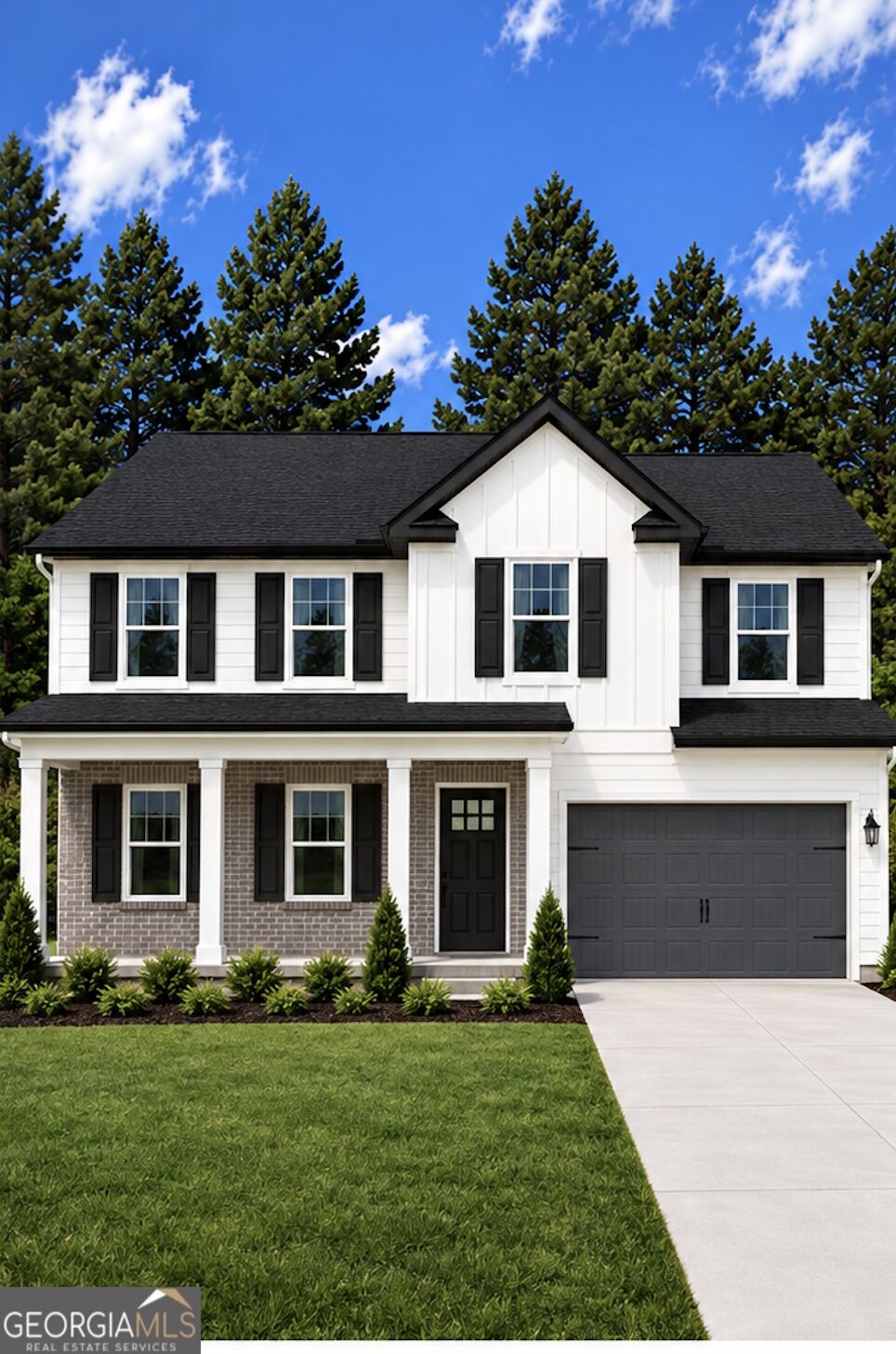 Two-story white house with black shutters, brick accents, and a dark double garage.