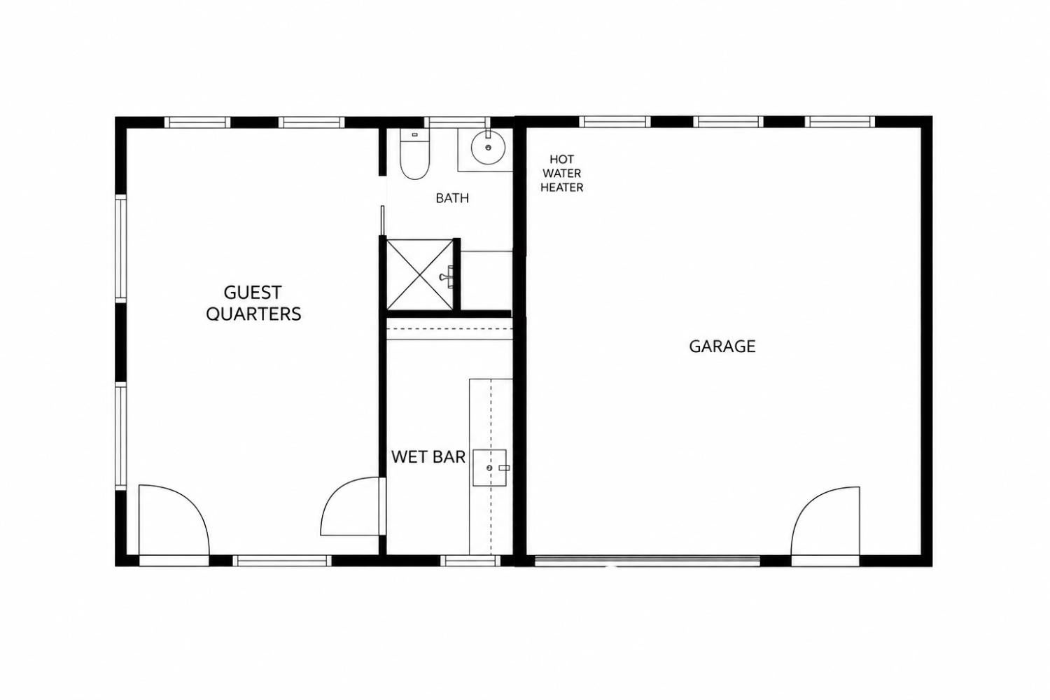Floor plan of guest quarters, bathroom, wet bar, and garage.