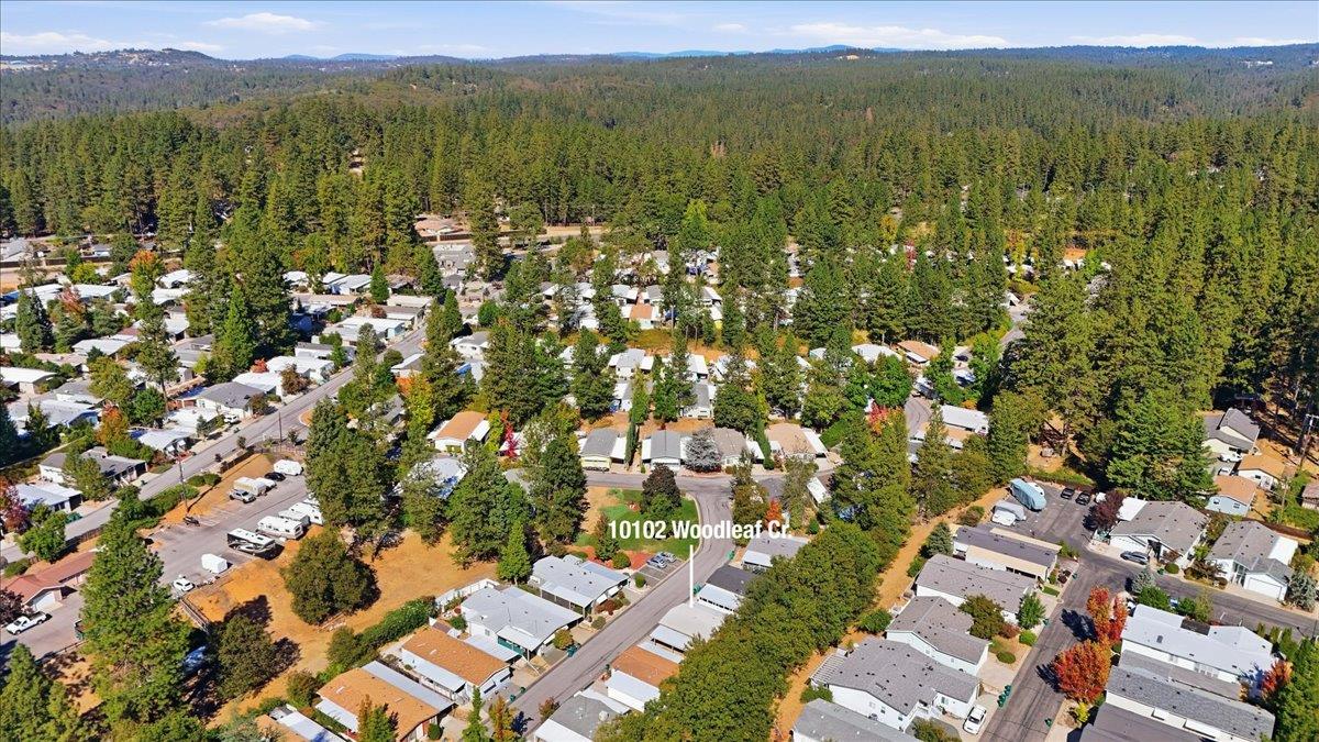 Aerial neighborhood view of 10102 Woodleaf Circle, surrounded by pine trees and forested hills.