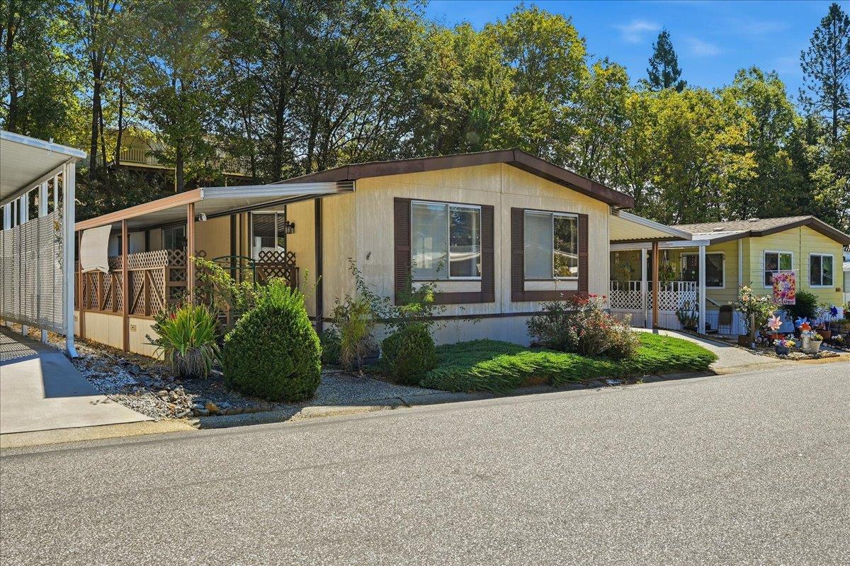 Single-story home with a covered porch, dark shutters, and landscaped yard beneath mature trees.