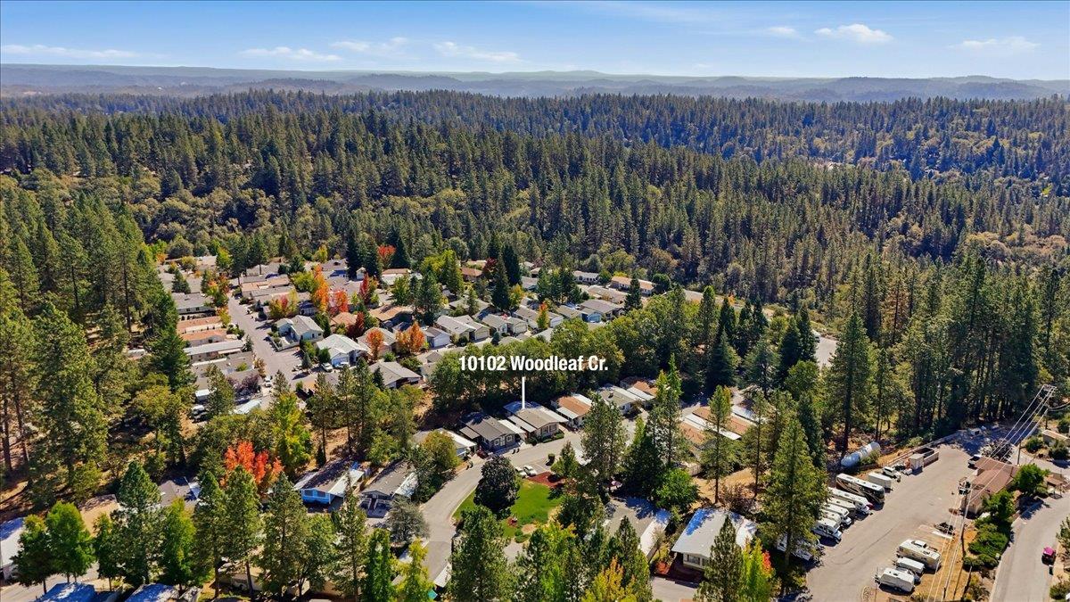 Aerial view of the labeled home among pine trees, with forested hills beyond.