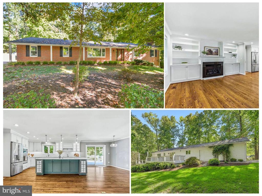 Single-story home with a red brick front, wooded yard, fireplace built-ins, and a renovated kitchen with teal island.