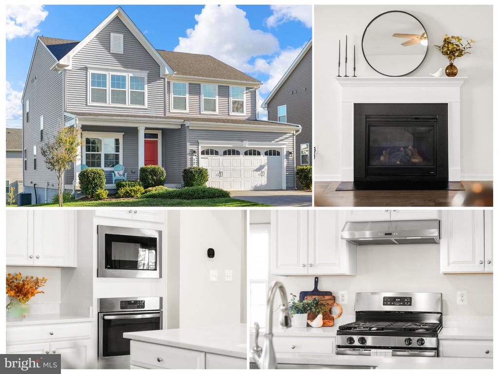 Gray two-story home with a red front door, plus a fireplace and two views of the white kitchen.
