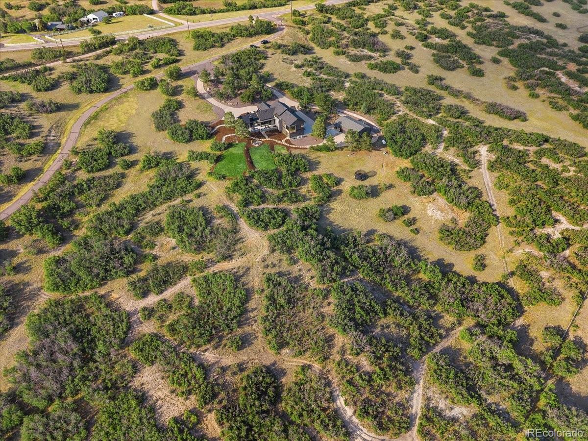 Aerial drone view of 15-acre wooded property, Castle Rock
