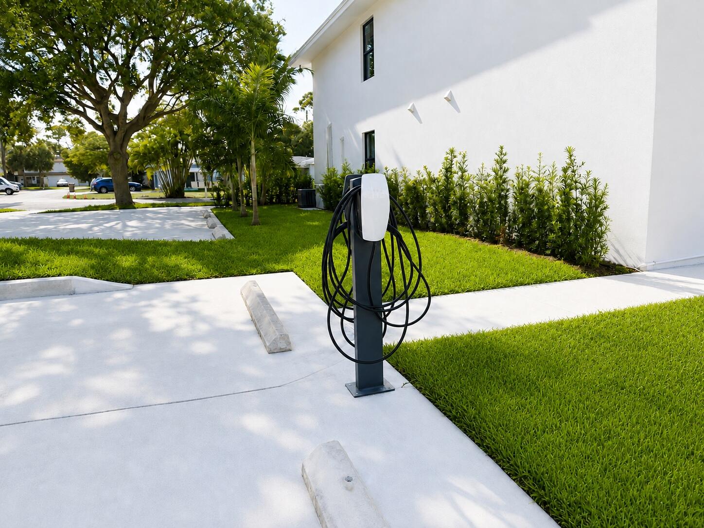 Modern white building exterior with an electric vehicle charging station beside landscaped parking.