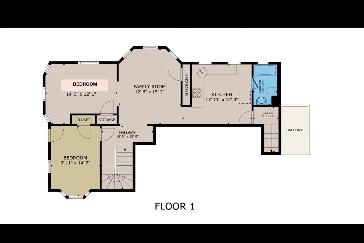 First-floor plan showing two bedrooms, family room, kitchen, bathroom, stairs, and balcony.