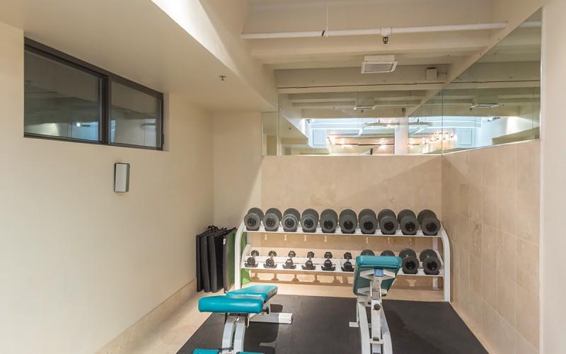 Fitness room with dumbbell racks and weight benches.