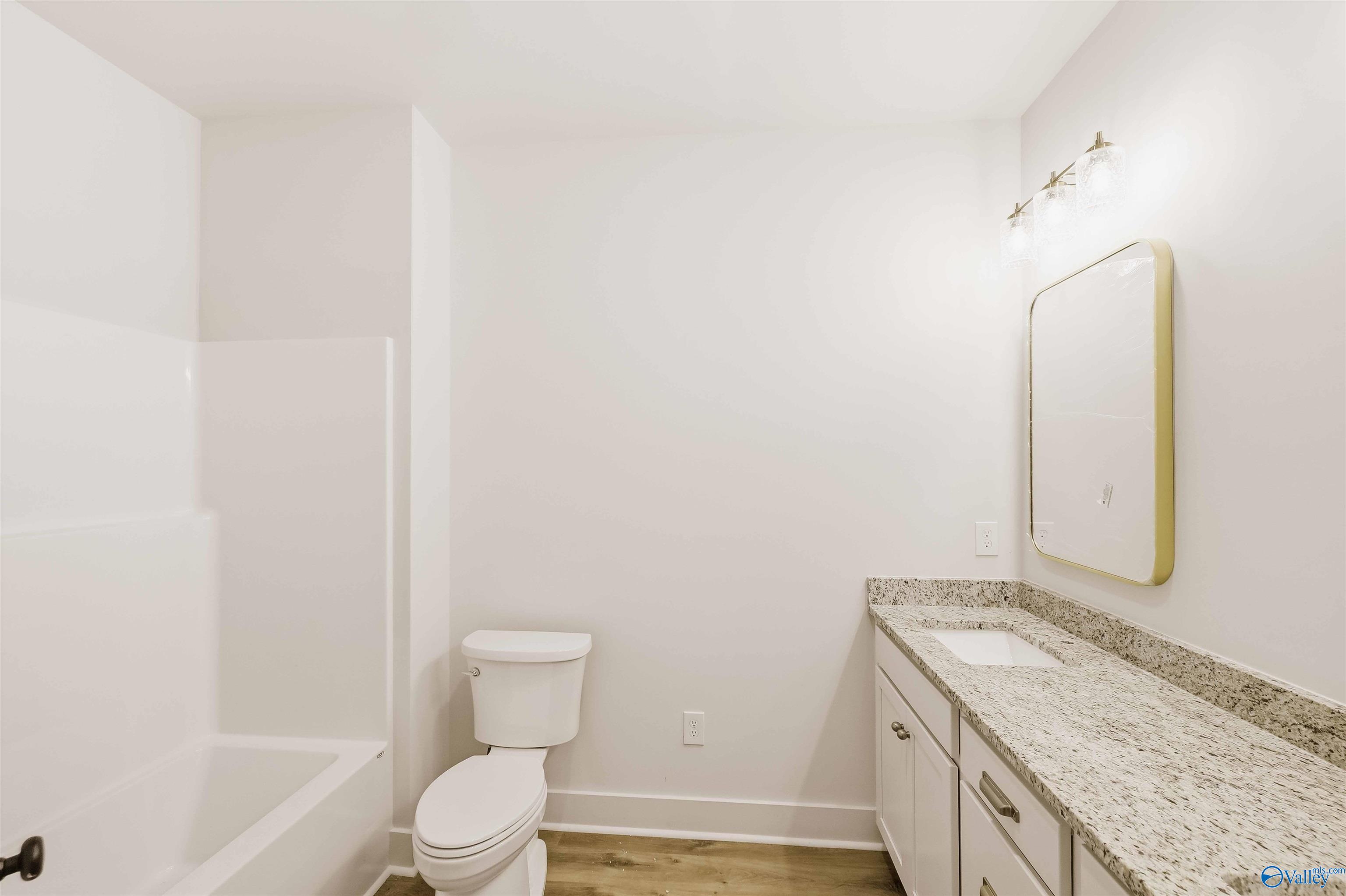 Bathroom with a white tub and shower, toilet, and granite vanity topped by a gold-framed mirror.