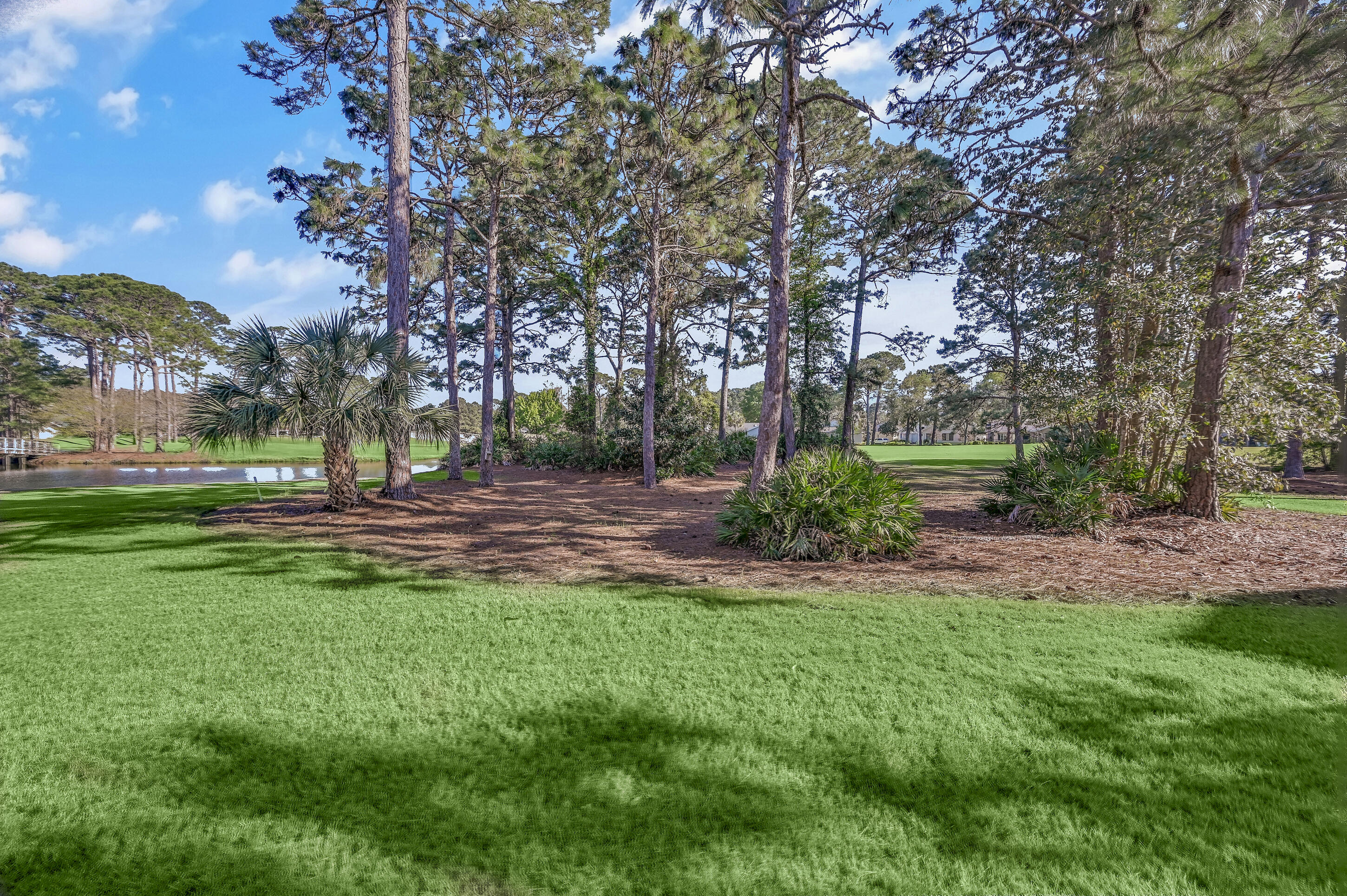 Golf course lawn bordered by tall pines and palms, with a pond at the left.