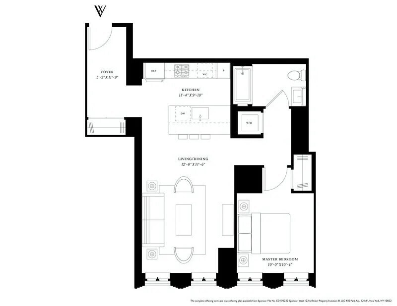 Floor plan of apartment 4G with a foyer, kitchen, living/dining area, bathroom, and master bedroom.