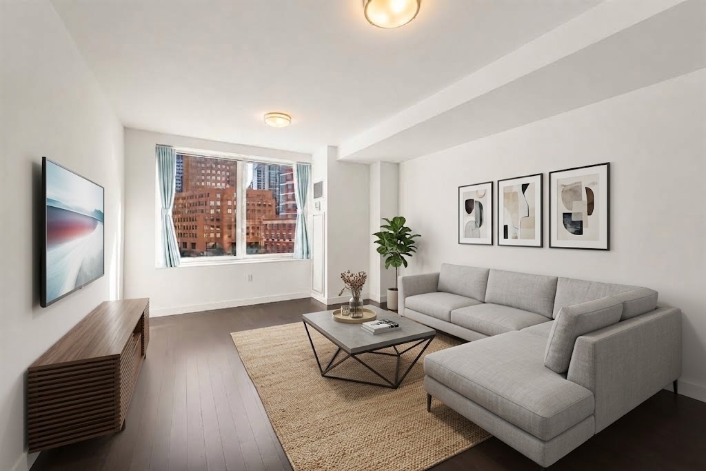 Living room with a gray sectional sofa, woven rug, and large windows overlooking city buildings.