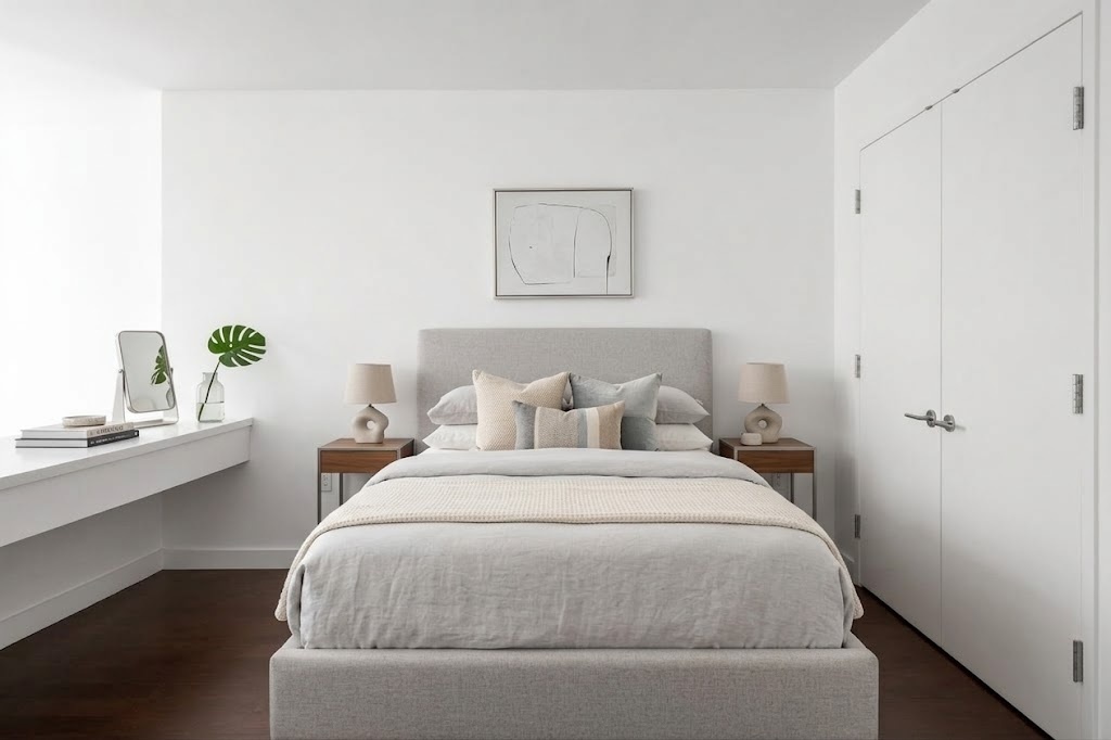 Staged bedroom with a gray upholstered bed, neutral linens, matching nightstands, and dark wood flooring.