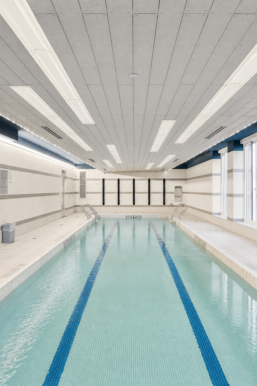 Indoor swimming pool with blue lane markings, tiled walls, and tall windows.