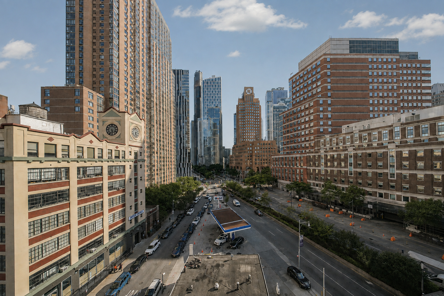 Brooklyn streetscape with high-rise buildings, a clock-fronted facade, and a busy avenue.