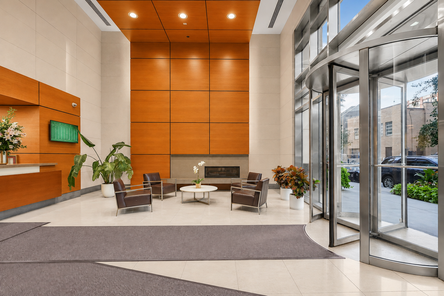 Building lobby with wood-paneled walls, a fireplace, leather seating, and a curved glass entrance.