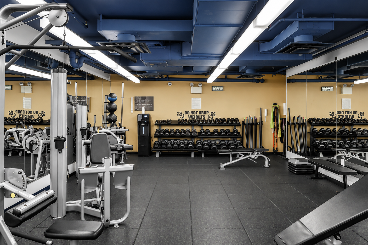 Building gym with weight machines, dumbbell racks, benches, and mirrored walls.