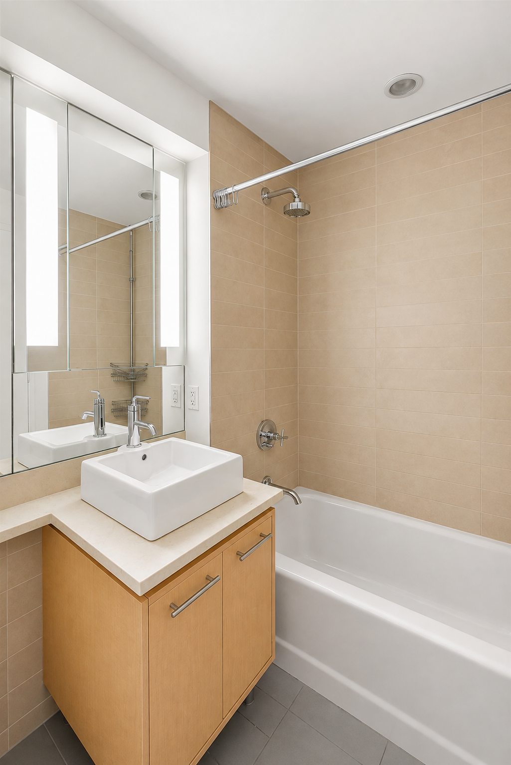 Bathroom with tan tile, a white tub and shower, and a light wood vanity with a vessel sink.