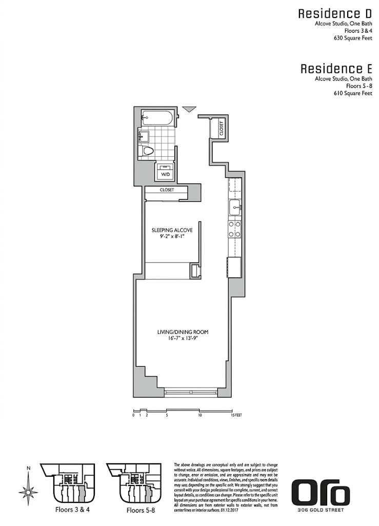 Floor plans for alcove studio residences D and E, with sleeping alcove, living/dining room, and kitchen and bath fixtures.