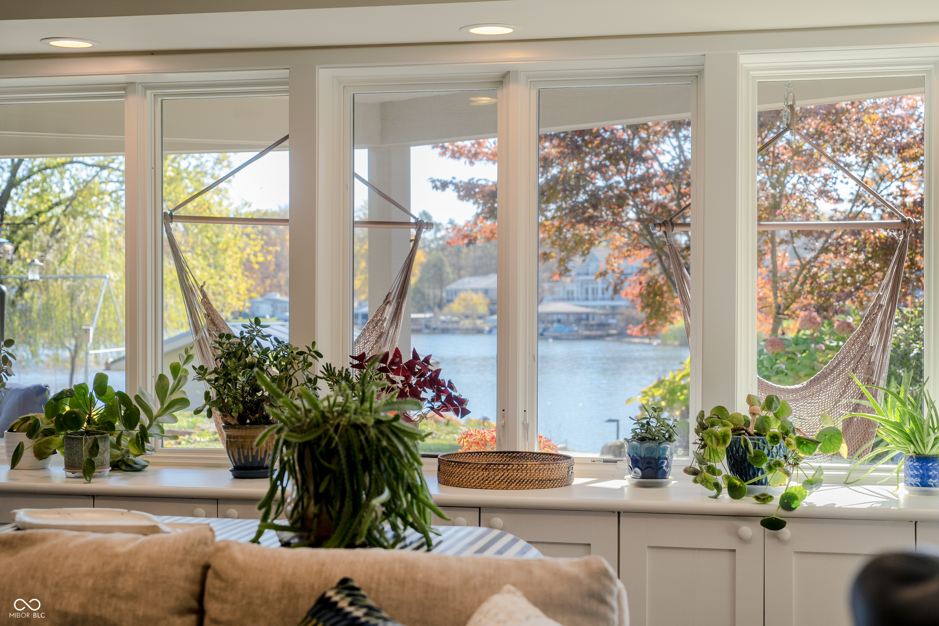 Lake-view room with wide windows, potted plants, and a hammock.